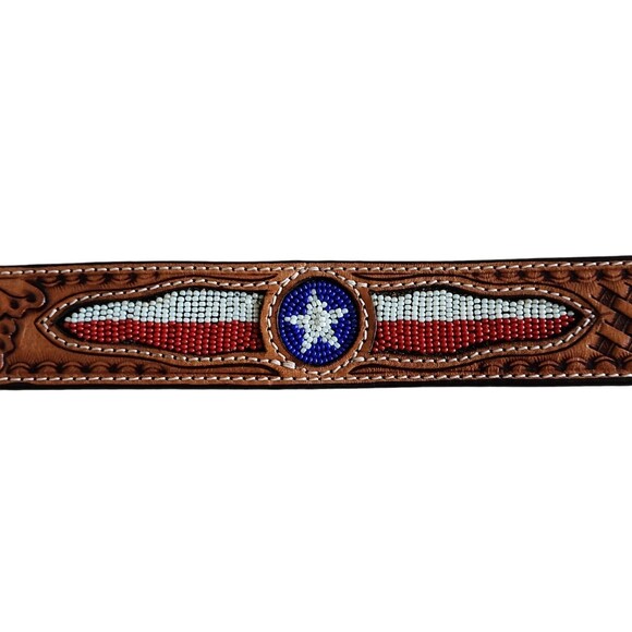 Western Rodeo Tooled Leather TEXAS Color Beaded Belt Basket Weave Billet Size 36 - Picture 4 of 5